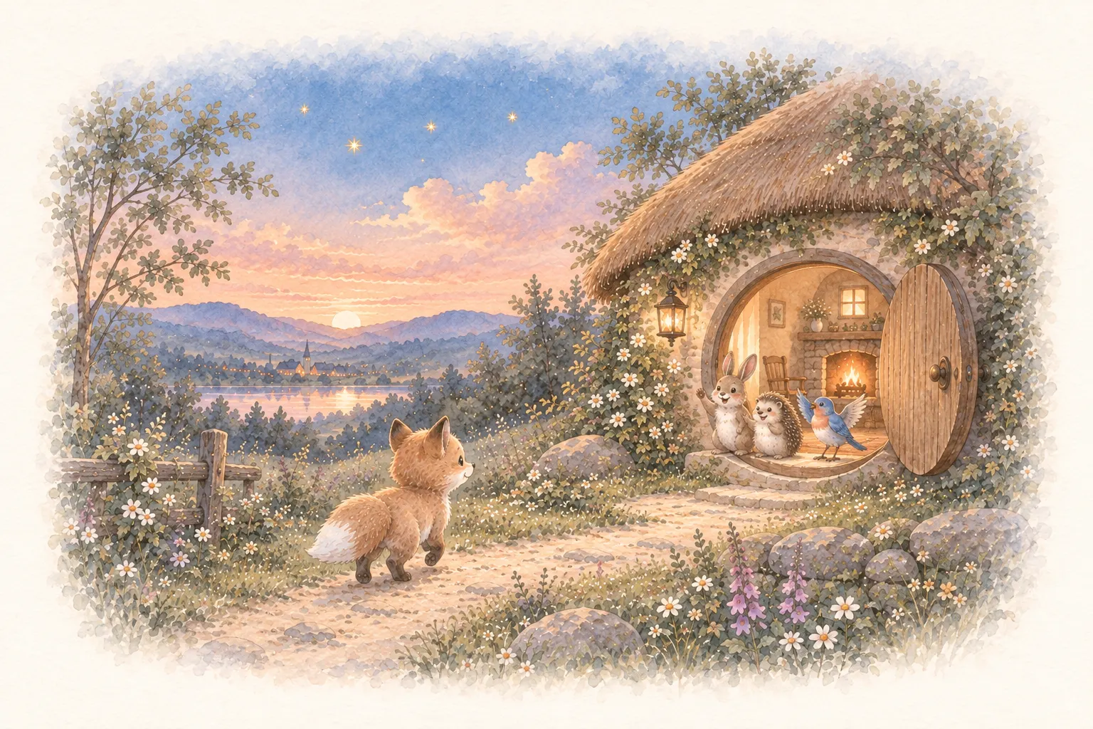 Watercolour illustration of a little fox trotting up a golden path at sunset towards a thatched cottage, where a rabbit, a hedgehog and a bluebird wave from the round front door with a fire glowing inside.