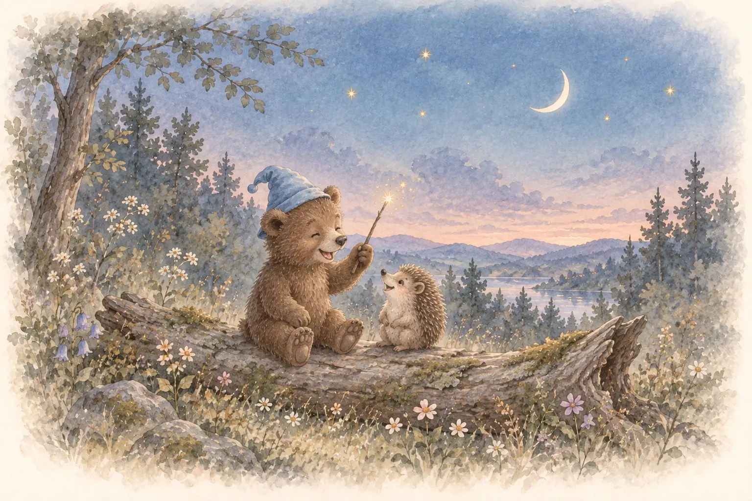 Watercolour illustration of a young bear in a soft blue pointed hat, holding a sparkling wand and laughing with a little hedgehog on a mossy log under a crescent moon.