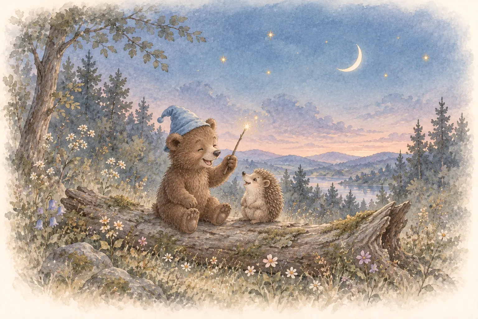 Watercolour illustration of a young bear in a soft blue pointed hat, holding a sparkling wand and laughing with a little hedgehog on a mossy log under a crescent moon.