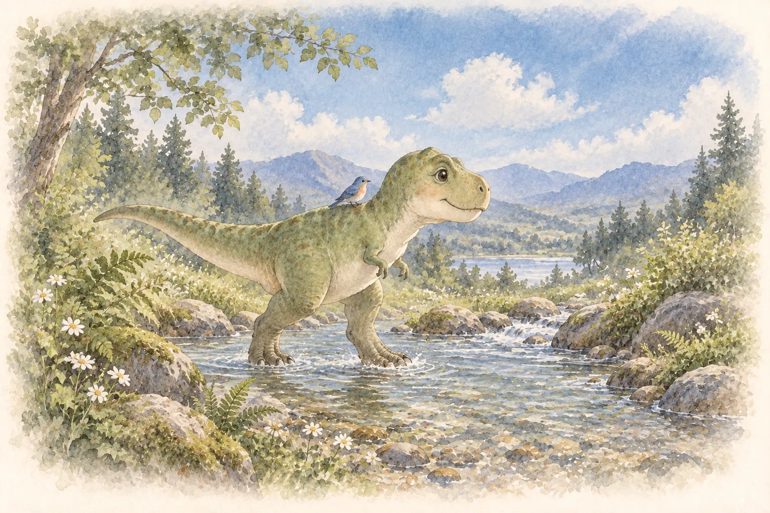 Watercolour illustration of a small, gentle green T-rex wading across a shallow stream with a tiny bluebird riding safely on his back.