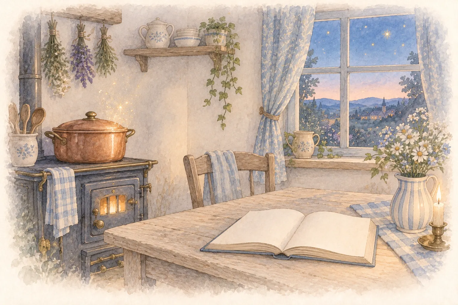Watercolour illustration of a cosy cottage kitchen at dusk: a copper pot with gold sparkles rising from it on a small stove, an open storybook on the table and a starry blue evening through the window.