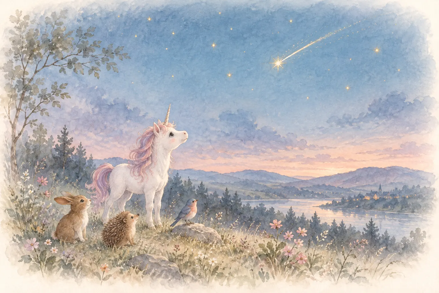 Watercolour illustration of a little white unicorn with a pink mane in a meadow at dusk, watching a falling star with a rabbit, a hedgehog and a small bird beside her.