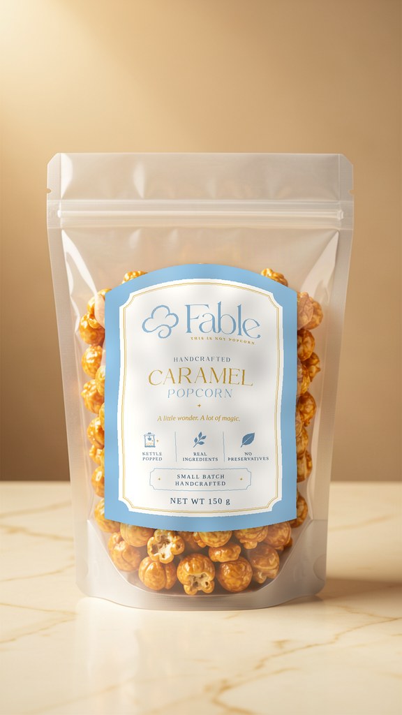 A glossy stand-up pouch of Fable handcrafted caramel popcorn on a cream surface