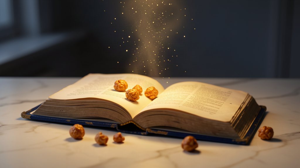 An open cloth-bound storybook with deep blue binding and gold edging on a marble counter, golden light and motes rising from its pages, a few pieces of caramel popcorn resting on the paper