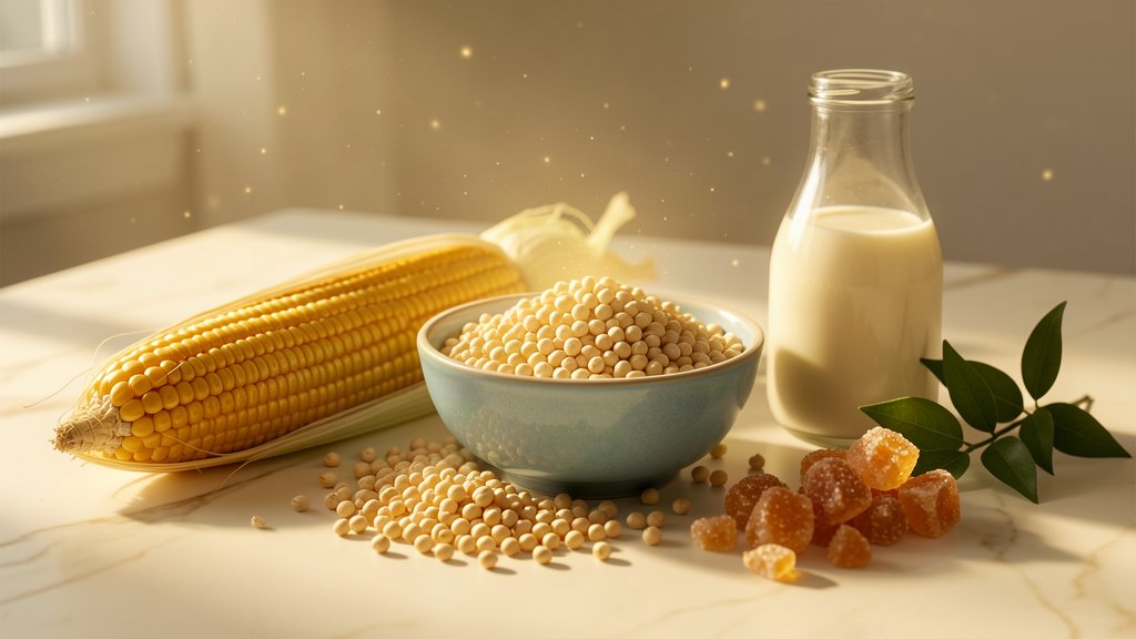 An ear of dried corn, a powder-blue bowl of kernels, a glass bottle of cream, amber sugar crystals and a sprig of leaves on a cream marble counter in soft golden light