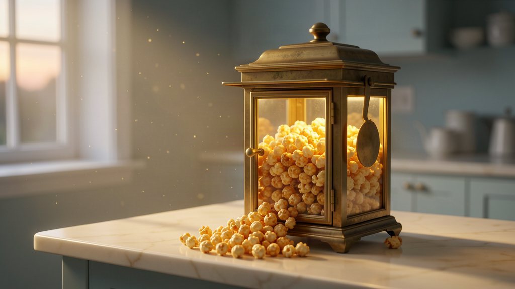 A vintage brass-and-glass popcorn machine glowing warm gold from within on a cream marble counter, caramel popcorn spilling out of it